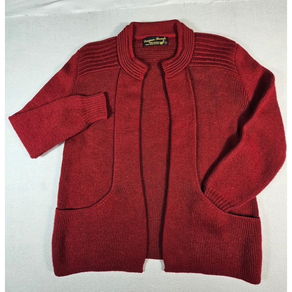 Designer Threads Red 100% Alpaca Wool Open Front Cardigan Sweater Made in Peru S